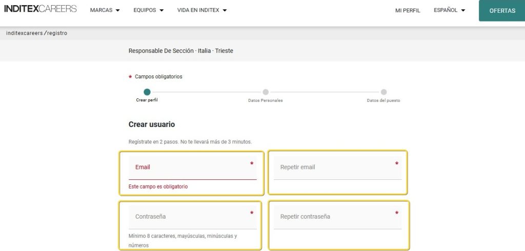 Datos para crear perfil para trabajar en zara inditex 