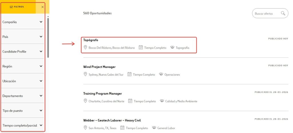 filtros búsqueda trabajo ferrovial