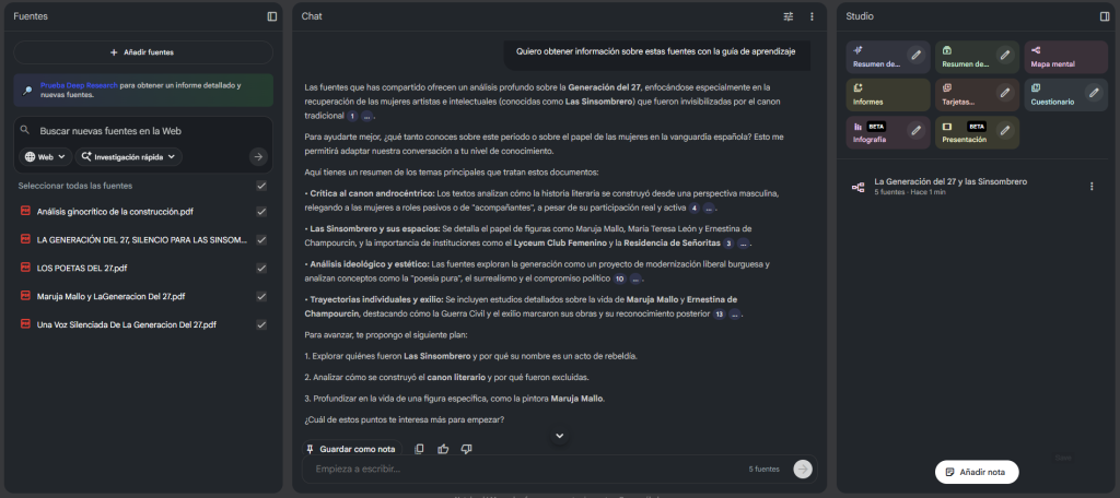 NotebookLM página menú