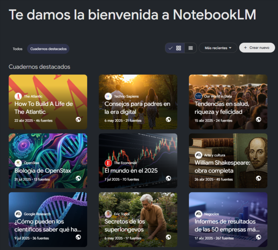 NotebookLM página menú